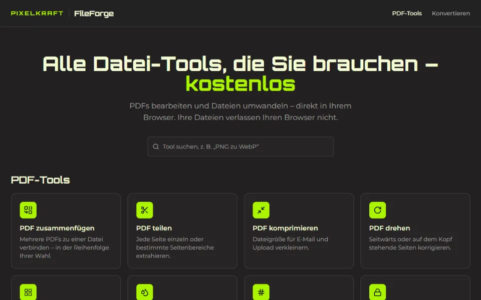 FileForge Startseite mit allen PDF-Tools