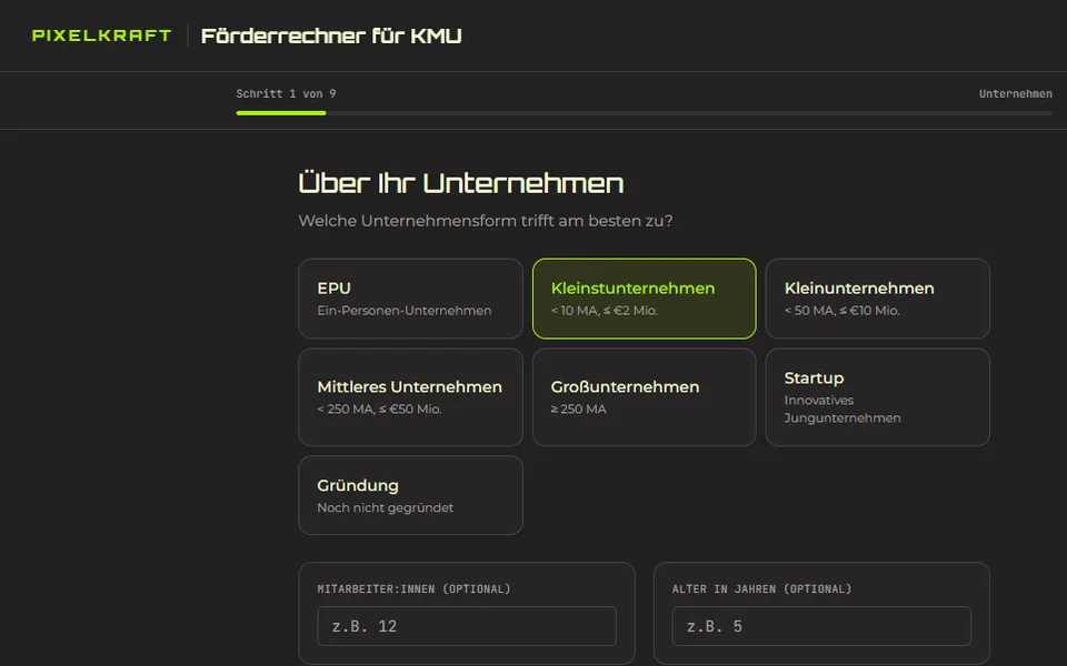 Förderrechner: Unternehmensform wählen